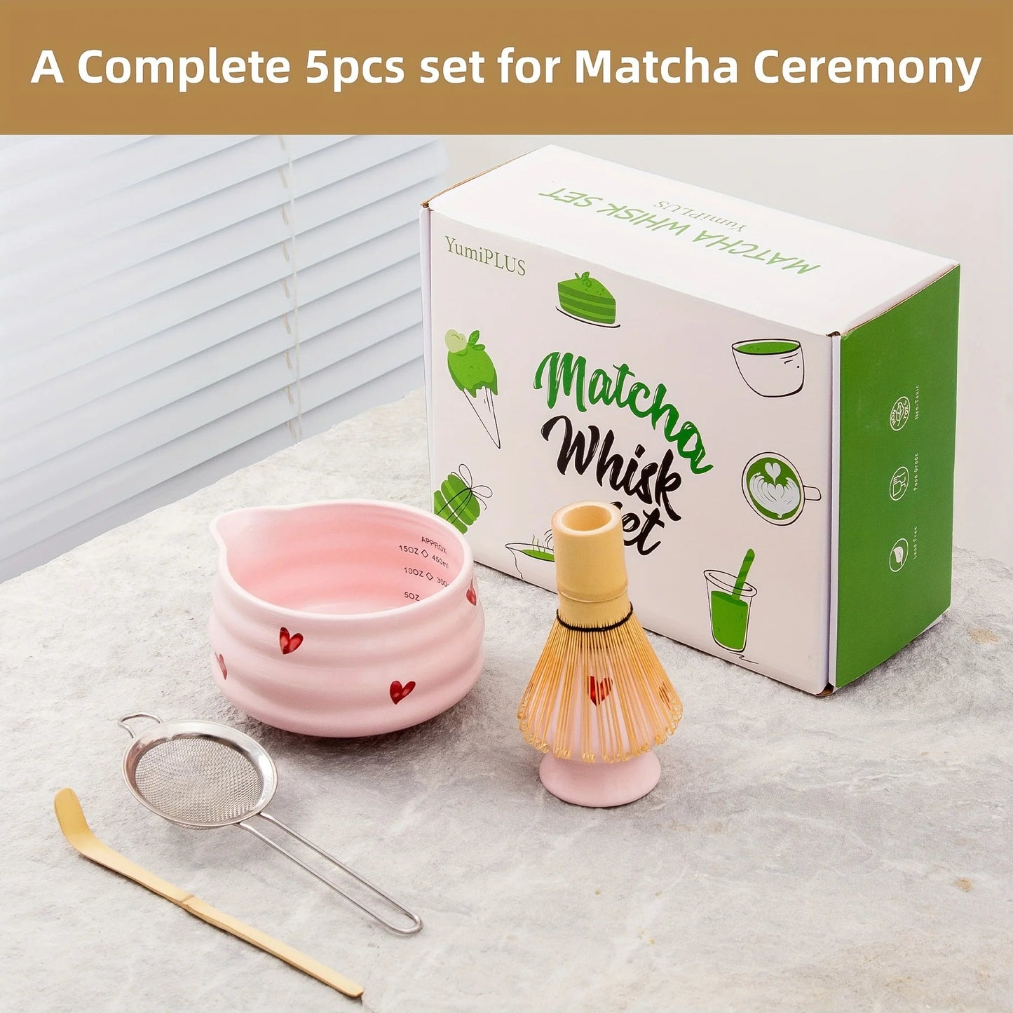 5pcs gift box set of matcha mixer (including gift card), pink heart-shaped Japanese matcha set, birthday and Thanksgiving gifts Good Vibrations