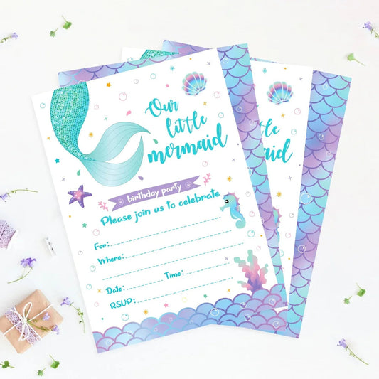 12pcCartoon Mermaid Shell Invitation Letter Girls Wedding Birthday Party Single Page Greeting Cards Baby Shower Party Decoration Good Vibrations