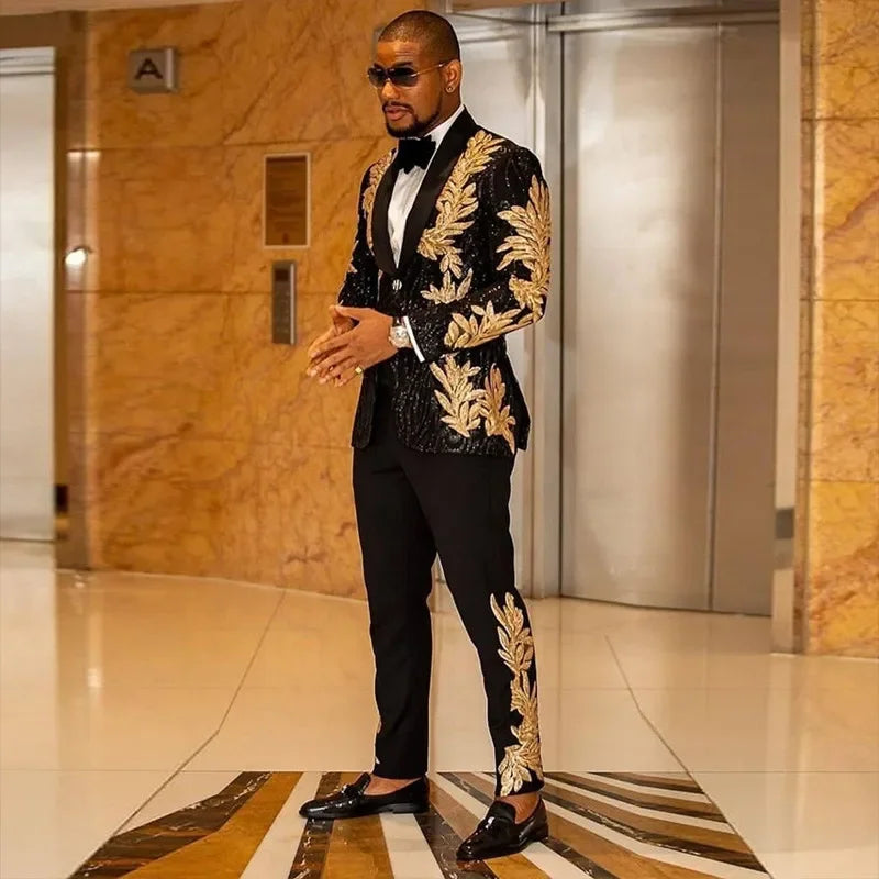 Men's Gold Sequin Applique Fashion Trend Suit Set High-Quality Casual Jacket And Western Pants Two-Piece Ensemble Good Vibrations