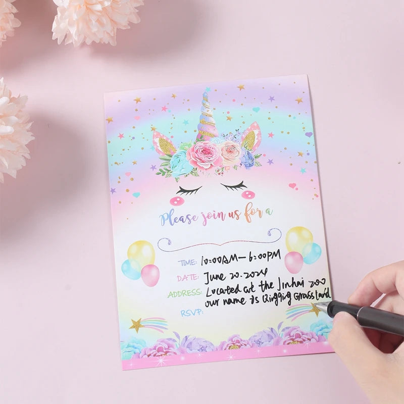 12pcs Invitation Card Unicorn Rainbow Balloon Envelope Card Girl Unicorn Theme Party Invitation Happy Birthday Party Decoration Good Vibrations