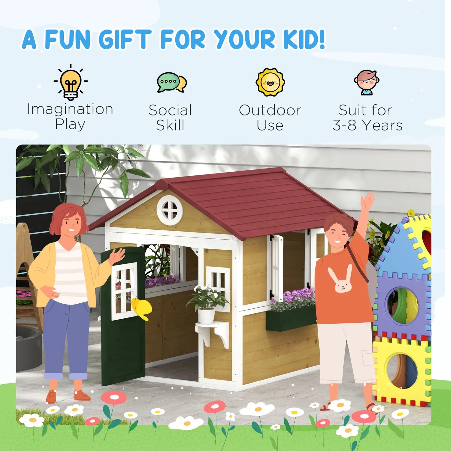 Beige Wooden Playhouse with Outdoor Doors and Windows Planter Pots for Kids 3-8 Years Good Vibrations