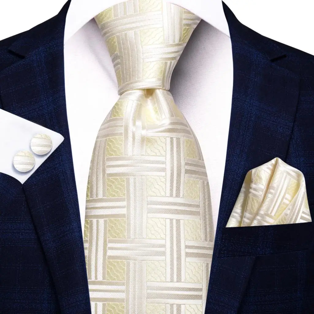 Hi-Tie Champagne Gold Striped Paisley Solid Men Silk Wedding Tie Fashion Design Necktie For Men Hanky Cufflink Business Party Good Vibrations