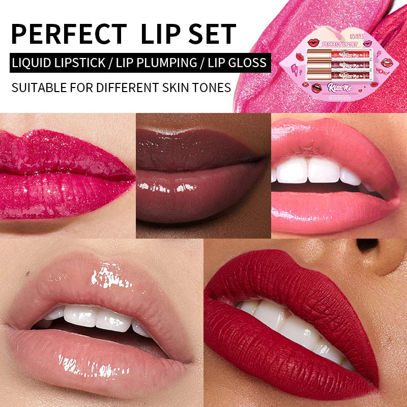 USHAS 3 Pcs/Set Lip Gloss Set, Matte and Glossy Lip Glaze Suit, 3 Different Colors in 1 Set, Perfect Gift for Girls&Women Good Vibrations