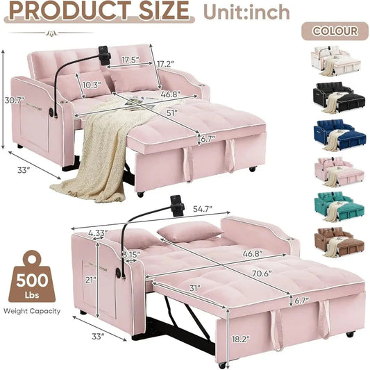 Modern Velvet 3-in-1 Convertible Sofa Bed with USB & Type C Ports, Pull Out Loveseat Futon for Comfortable Seating and Storage Good Vibrations