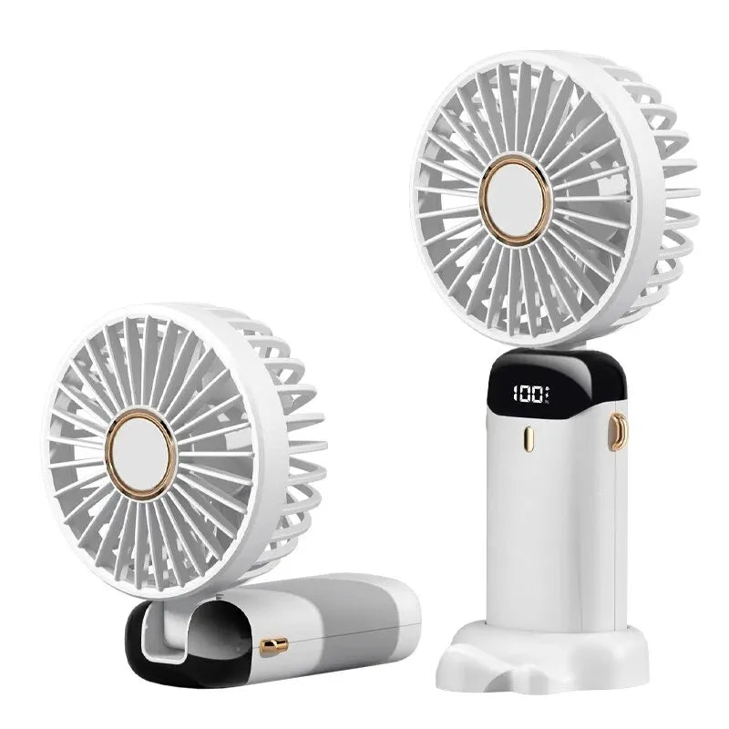 USB Handheld Mini Fan Foldable Portable Neck Hanging Fans 5 Speed Rechargeable Fan with Phone Stand and Display Screen Good Vibrations