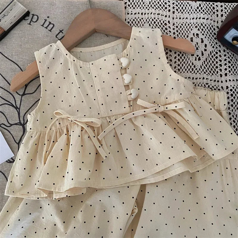 Bear Leader 2024 Summer New Girls' Clothing Polka Dot Love Single Breasted Top+ Pants 2P Set Girls' Clothing Children's Cute Set Good Vibrations