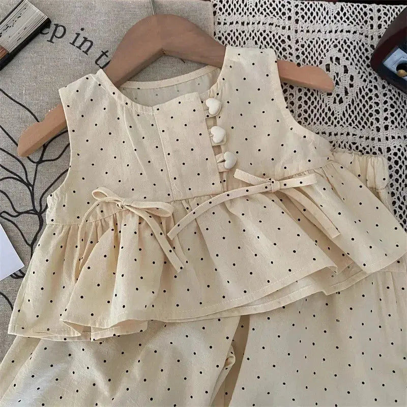 Bear Leader 2024 Summer New Girls' Clothing Polka Dot Love Single Breasted Top+ Pants 2P Set Girls' Clothing Children's Cute Set Good Vibrations