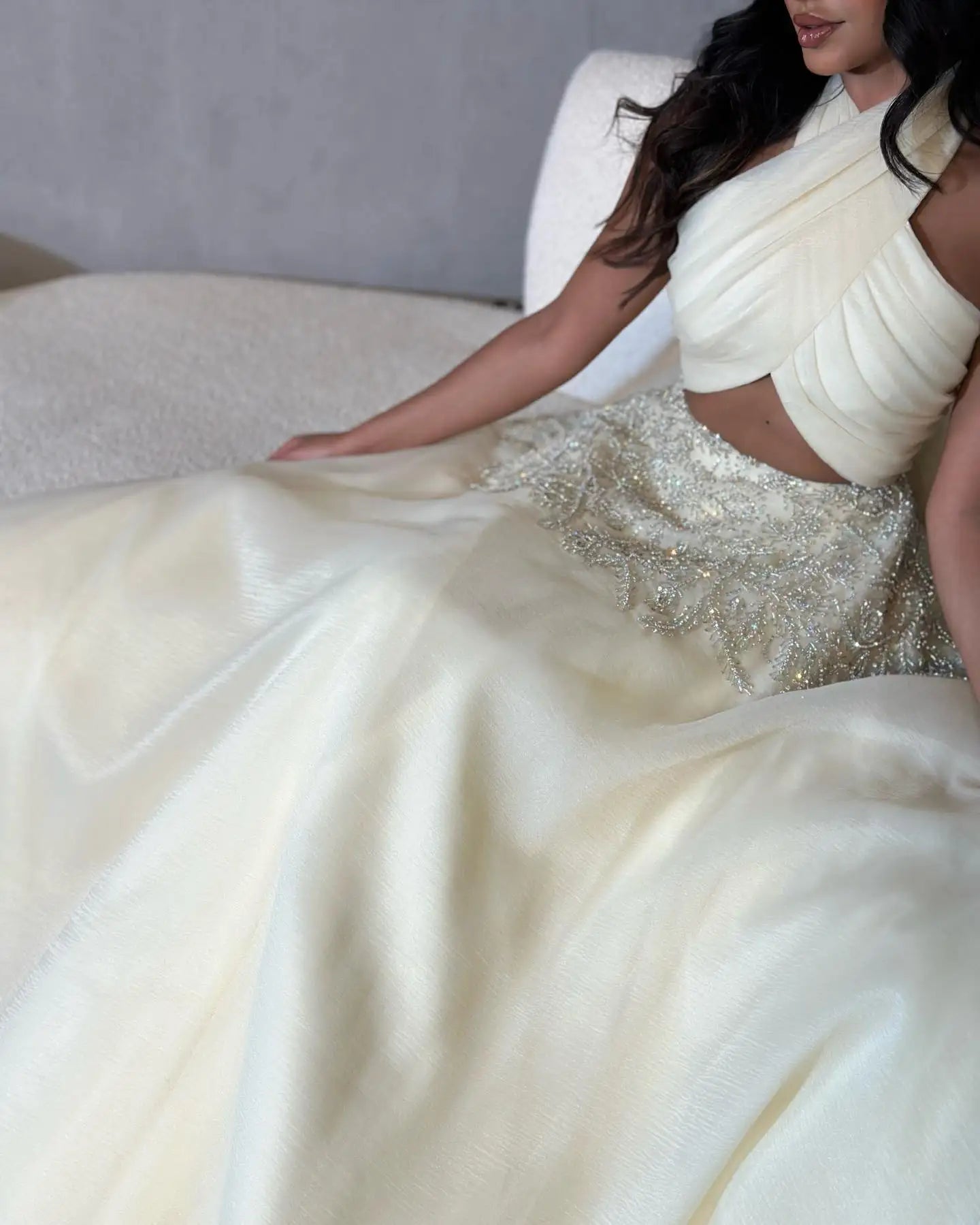 Sharon Said Saudi Arabic Beige Halter Evening Dresses for Wedding Dubai Crystal Long Formal Gowns Party Dress SS444 Customized