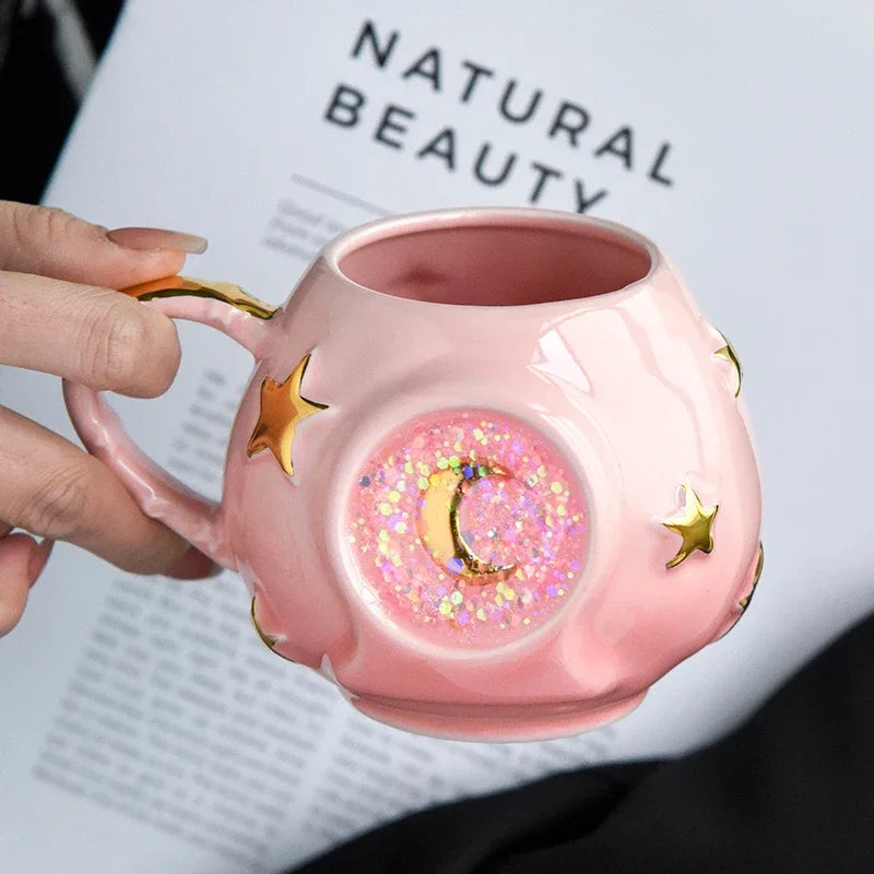 Ceramic Starry Sky Cup Sparkling Cup with High Appearance, Colorful Stars, Creative Birthday Gift, Mug with Hand Gift, Water Cup Good Vibrations Adult Super Store