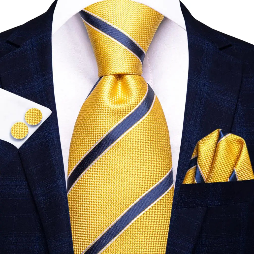 Hi-Tie Champagne Gold Striped Paisley Solid Men Silk Wedding Tie Fashion Design Necktie For Men Hanky Cufflink Business Party Good Vibrations