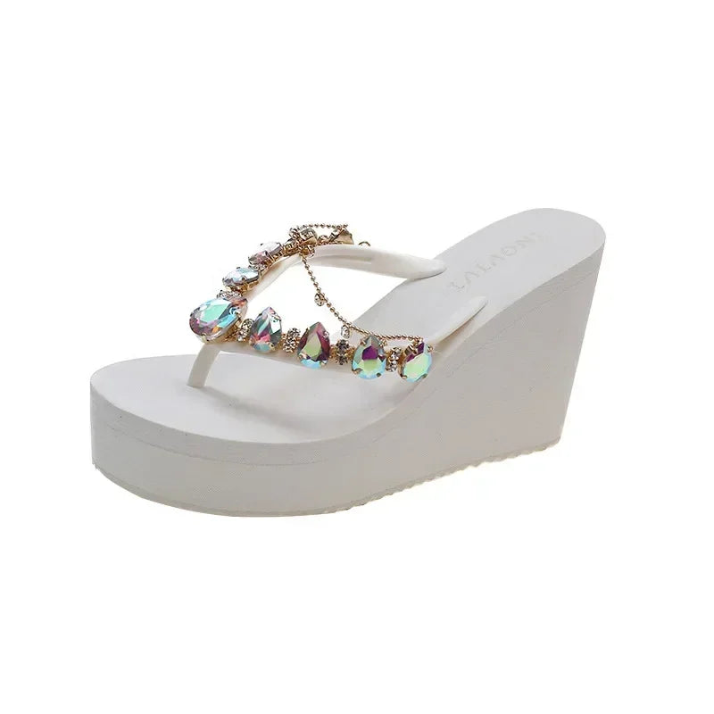 Flip Flops Women New High Heeled Slippers Women Diamond Slope Heel Slippers Elegant Fashion Beach Sandals Womens Sexy Shoes Good Vibrations