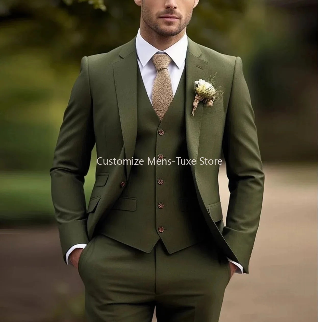 New Beige Suit Men Business Tuxedos Formal 3 Piece Set Jacket Vest Pants Single Breasted Groom Groomsman Prom Wedding Party Good Vibrations
