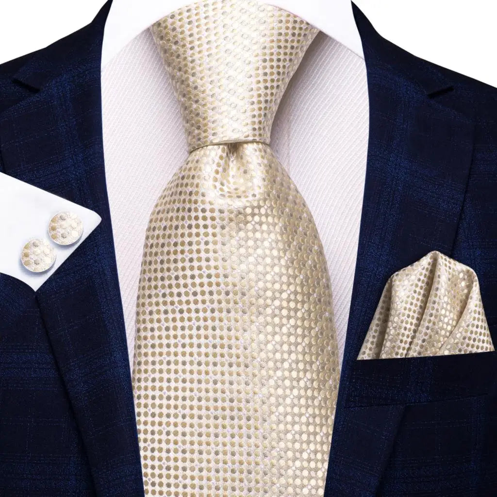 Hi-Tie Champagne Gold Striped Paisley Solid Men Silk Wedding Tie Fashion Design Necktie For Men Hanky Cufflink Business Party Good Vibrations