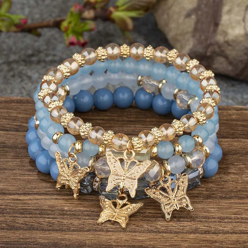 4Pcs Trendy Butterfly Beaded Bracelet Set For Women Pink Acrylic Beads Elastic Chain Bangle Female Bohemian Party Jewelry Gift Good Vibrations