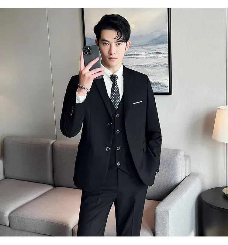 Suit (suit +Vest+Pants) Formal Business Men Four Seasons Professional Fashion Gentleman Solid Color Outdoor British Style Suit