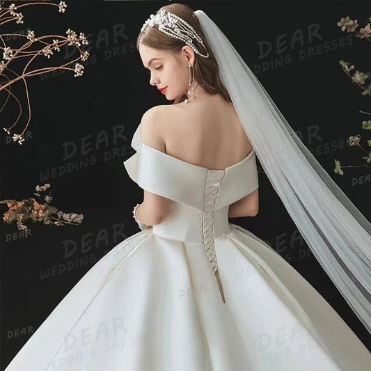 Modern Pleat Satin Wedding Dresses Women's A Line Sexy Off Shoulder Bridal Gowns Backless Lace Up Elegant Vestidos Customized Good Vibrations