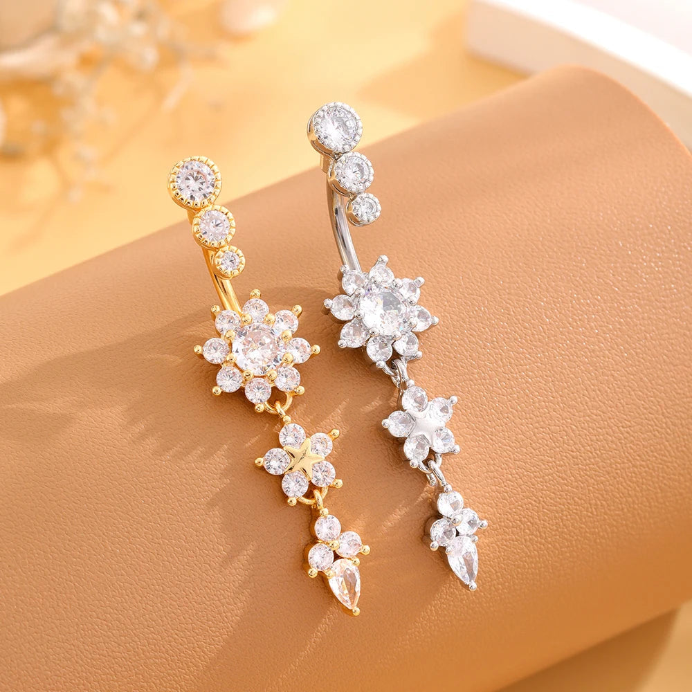 Gold Color Stainless Steel Belly Button Ring Long Dangled Flower CZ Crystal Navel Belly Piercing Rings for Women Sexy Jewelry Good Vibrations Adult Super Store