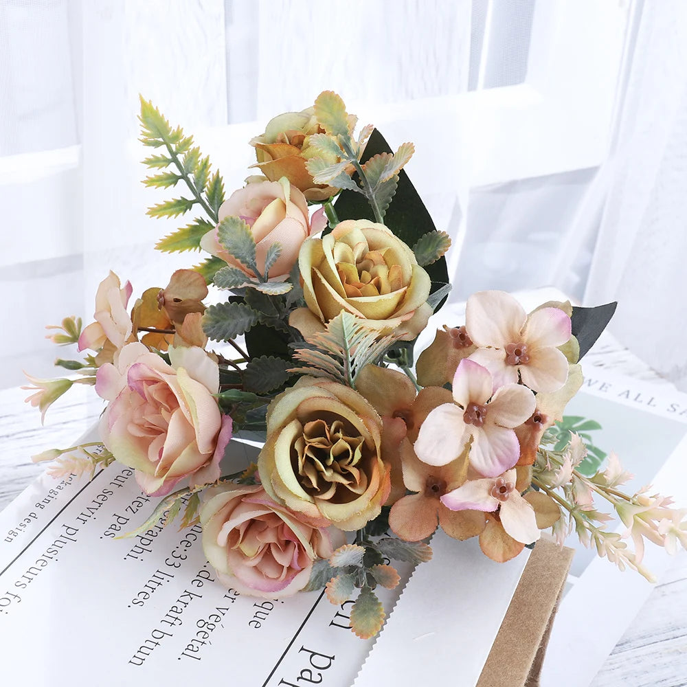 Beautiful Roses Autumn Artificial Flowers Silk Peony Hydrangea Big Bride Bouquet Wedding Home Party DIY Decoration Fake Flowers Good Vibrations