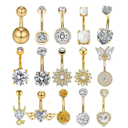 1Pc Gold Color Stainless Steel Belly Ring, Flower Heart Shaped CZ Crystal Navel Belly Button Rings Butterfly Navel Piercings 14G Good Vibrations Adult Super Store