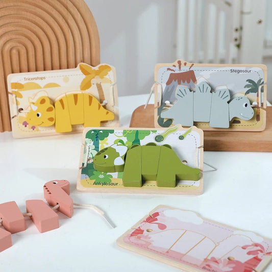 Wooden Animal Threading Toy Baby Finger Fine Sports Toy Cartoon Dinosaur Puzzle Kid Montessori Educational Toy Gift For Children Good Vibrations
