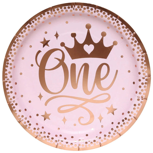 8Guests Pink One Year Old Birthday Disposable Tableware Crown Plates Cups Napkins Girls Princess Happy One 1st Birthday Party Good Vibrations