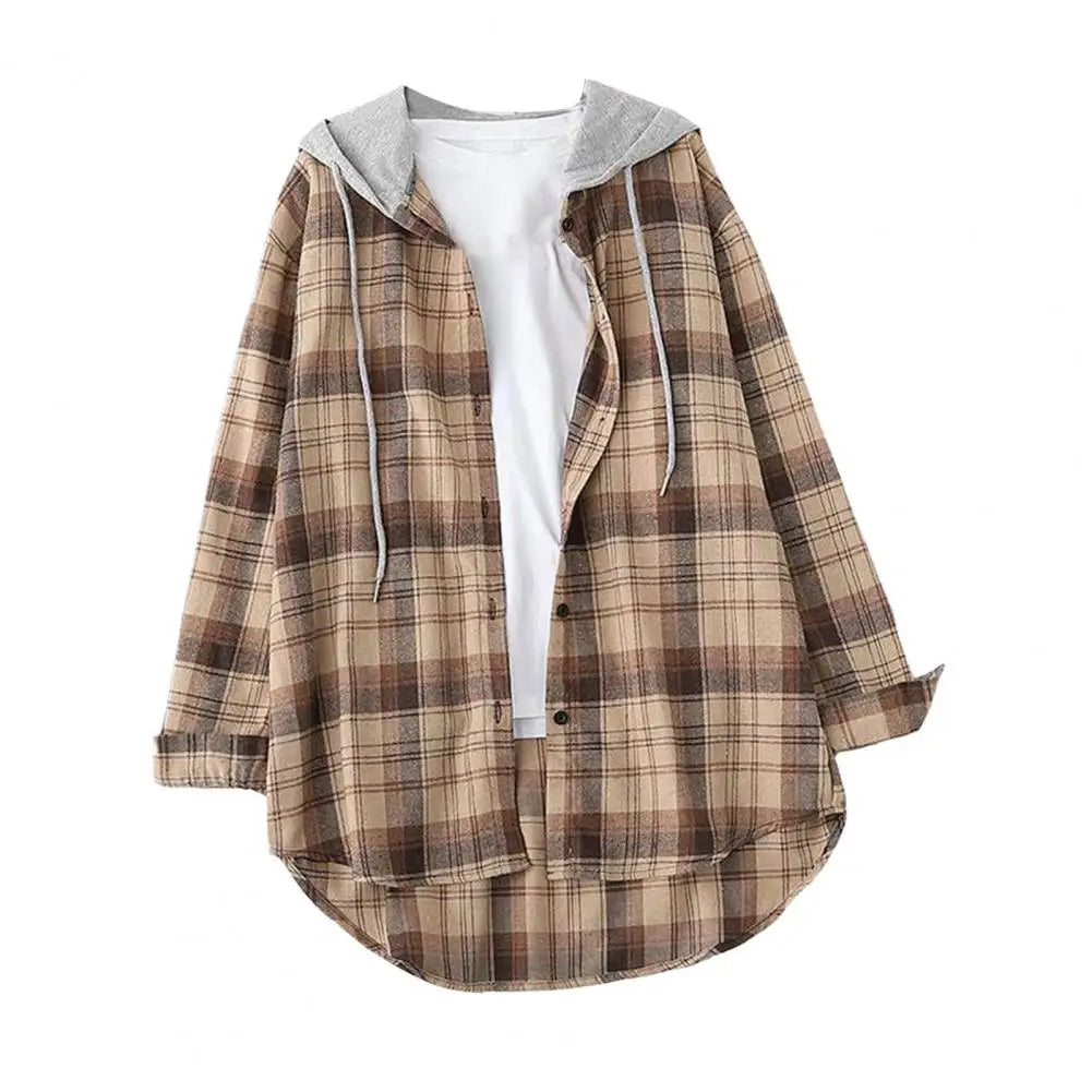 Autumn Women Shirts Hoodie Coat Plaid Print Loose Hooded Long Sleeves Drawstring Cardigan Single-breasted Buttons Spring Jacket Good Vibrations