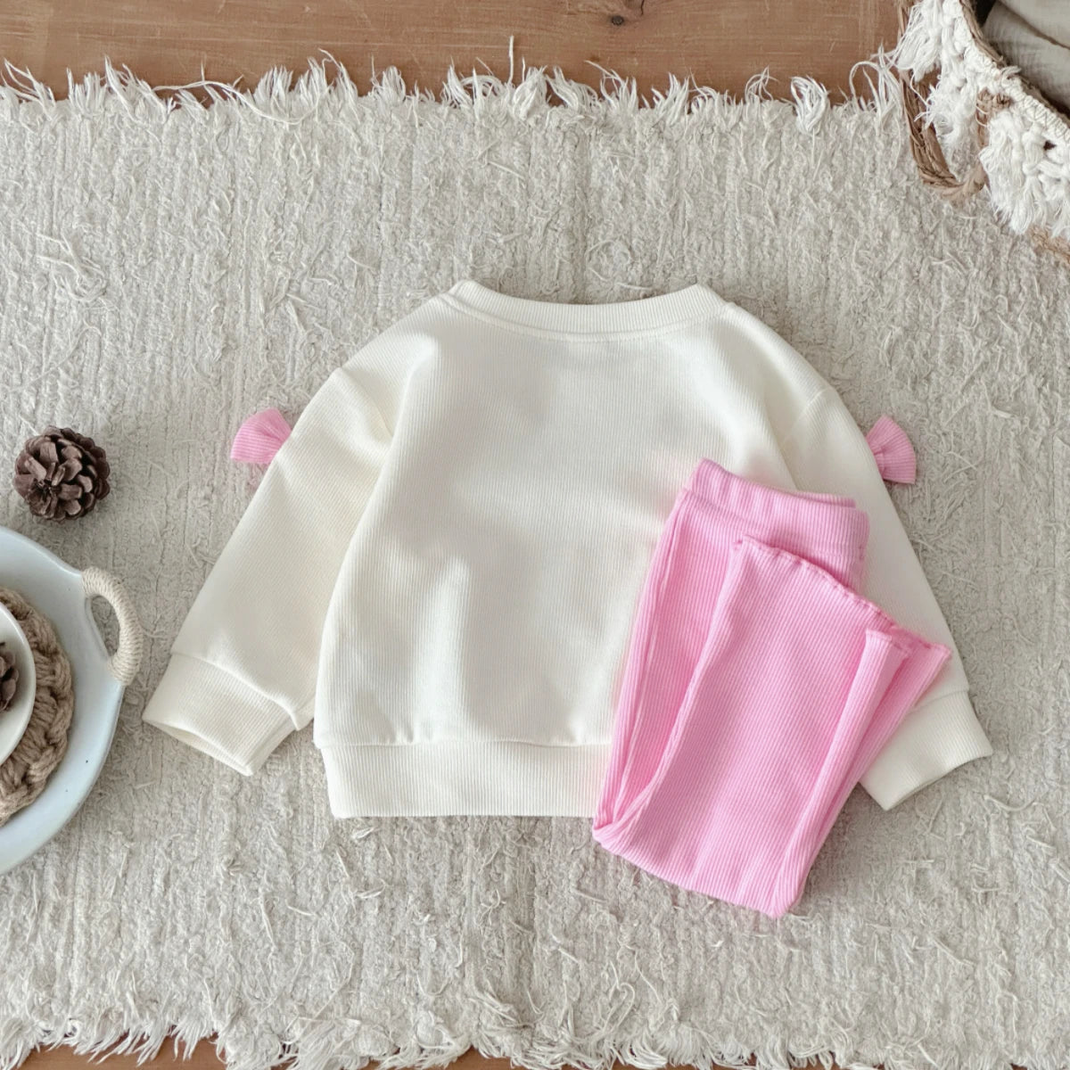 2025 Spring Autumn New Kids Cute Bowknot Long Sleeved Outfit Set Baby Boy Girl Cartoon Casual Tracksuit Pink Flared Pants Suit Good Vibrations