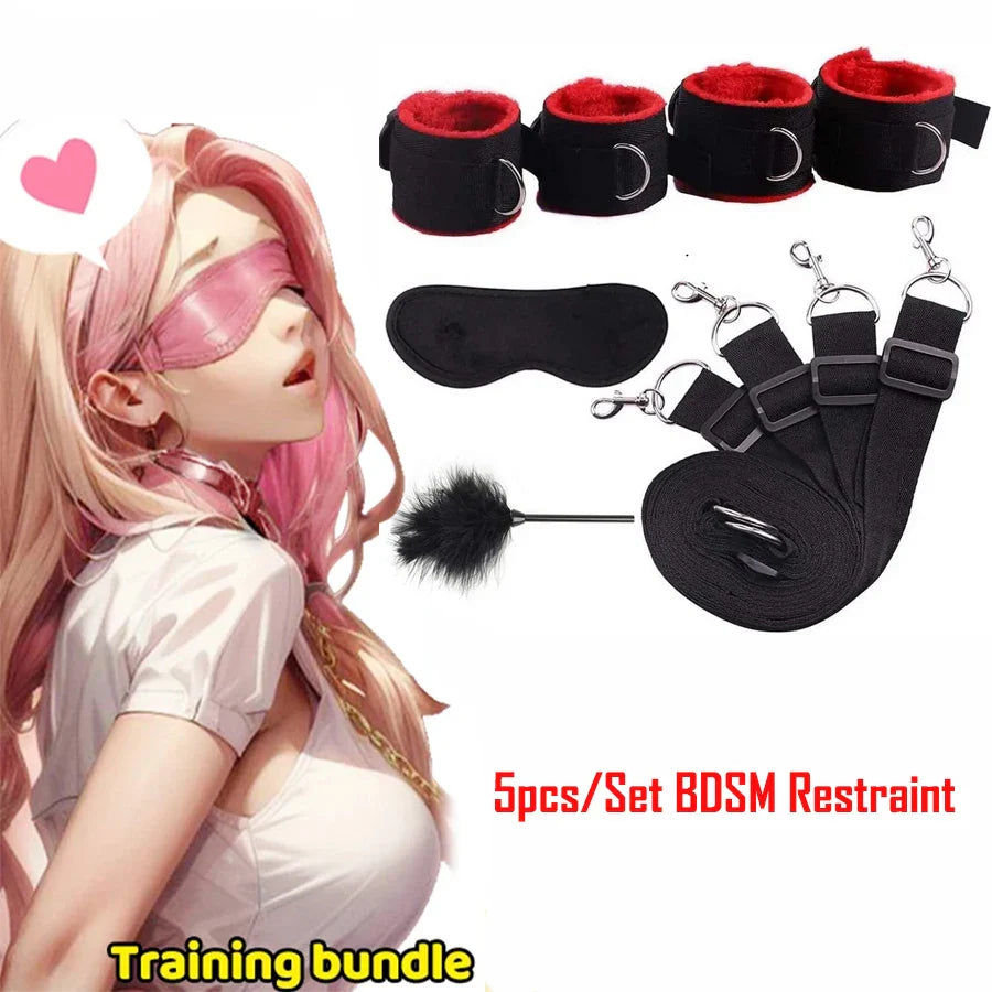 BDSM restraint set with leather plush cuffs, blindfold, and rope for couples training and bondage games.
