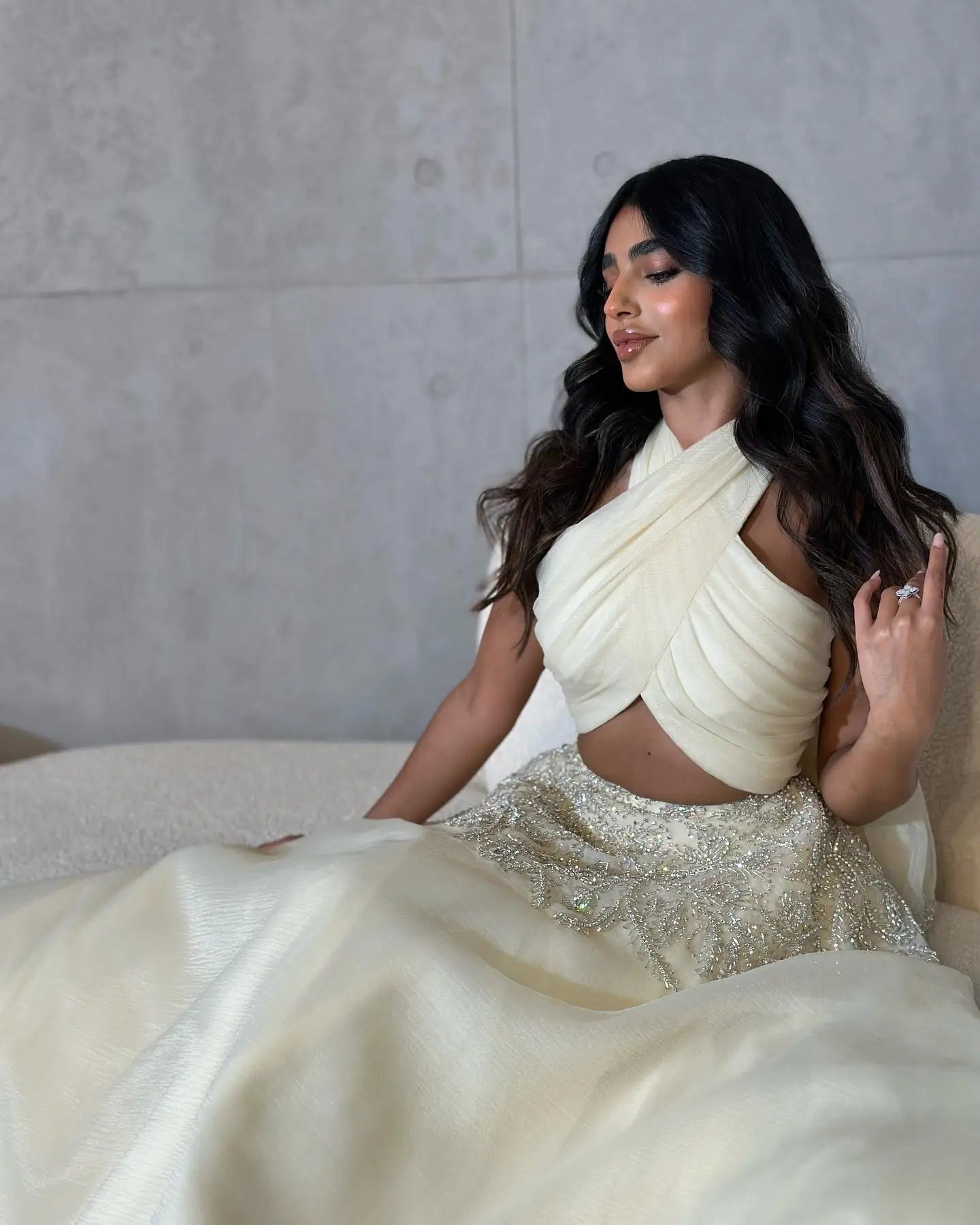 Sharon Said Saudi Arabic Beige Halter Evening Dresses for Wedding Dubai Crystal Long Formal Gowns Party Dress SS444 Customized