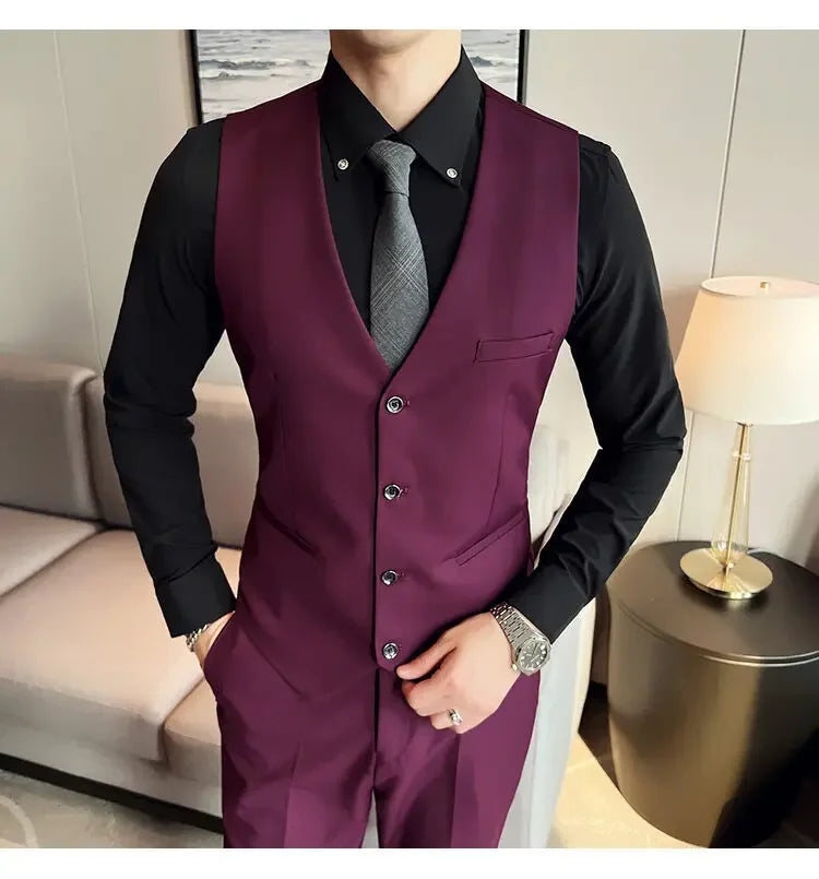 Suit (suit +Vest+Pants) Formal Business Men Four Seasons Professional Fashion Gentleman Solid Color Outdoor British Style Suit