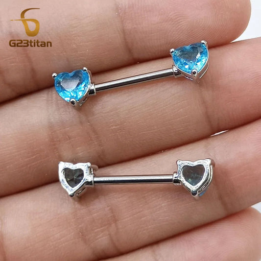 G23titan 2pcs Double Heart Zircon Nipple Rings 14G Titanium Or Steel Barbell Women Nipple Piercing Summer Jewelry Sexy Accessory Good Vibrations Adult Super Store