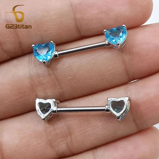 G23titan 2pcs Double Heart Zircon Nipple Rings 14G Titanium Or Steel Barbell Women Nipple Piercing Summer Jewelry Sexy Accessory Good Vibrations Adult Super Store