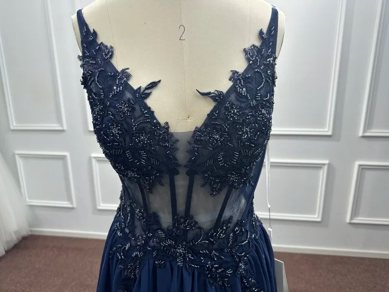 Spaghetti Straps Navy Blue A Line Evening Dresses 2025 Elegant Beaded Appliques Illusion Prom Gowns Formal Party Vestido De Gala Good Vibrations