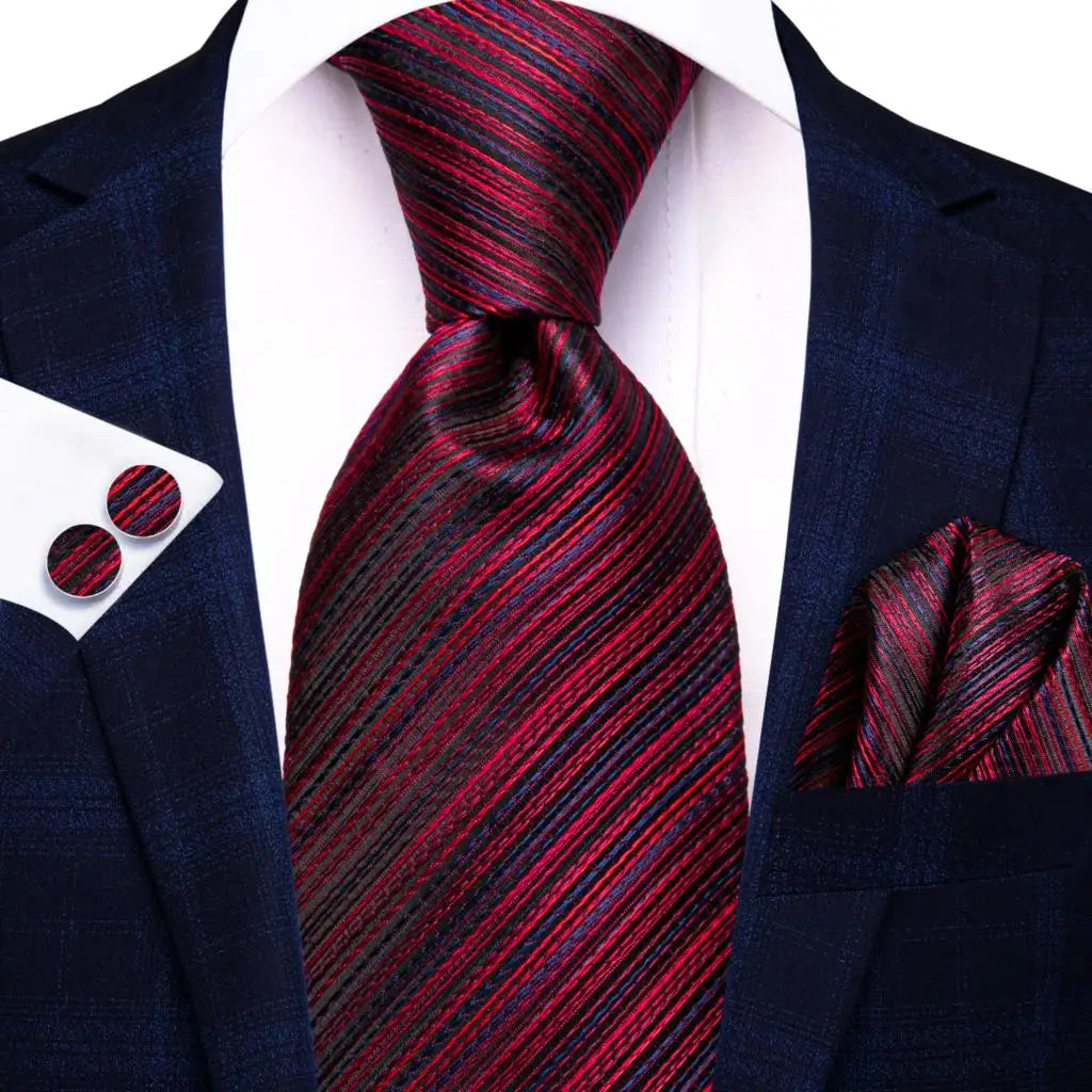 Hi-Tie Designer Red Burgundy Plaid Silk Wedding Tie For Men Handky Cufflink Gift Mens Necktie Fashion Business Party Dropshiping Good Vibrations