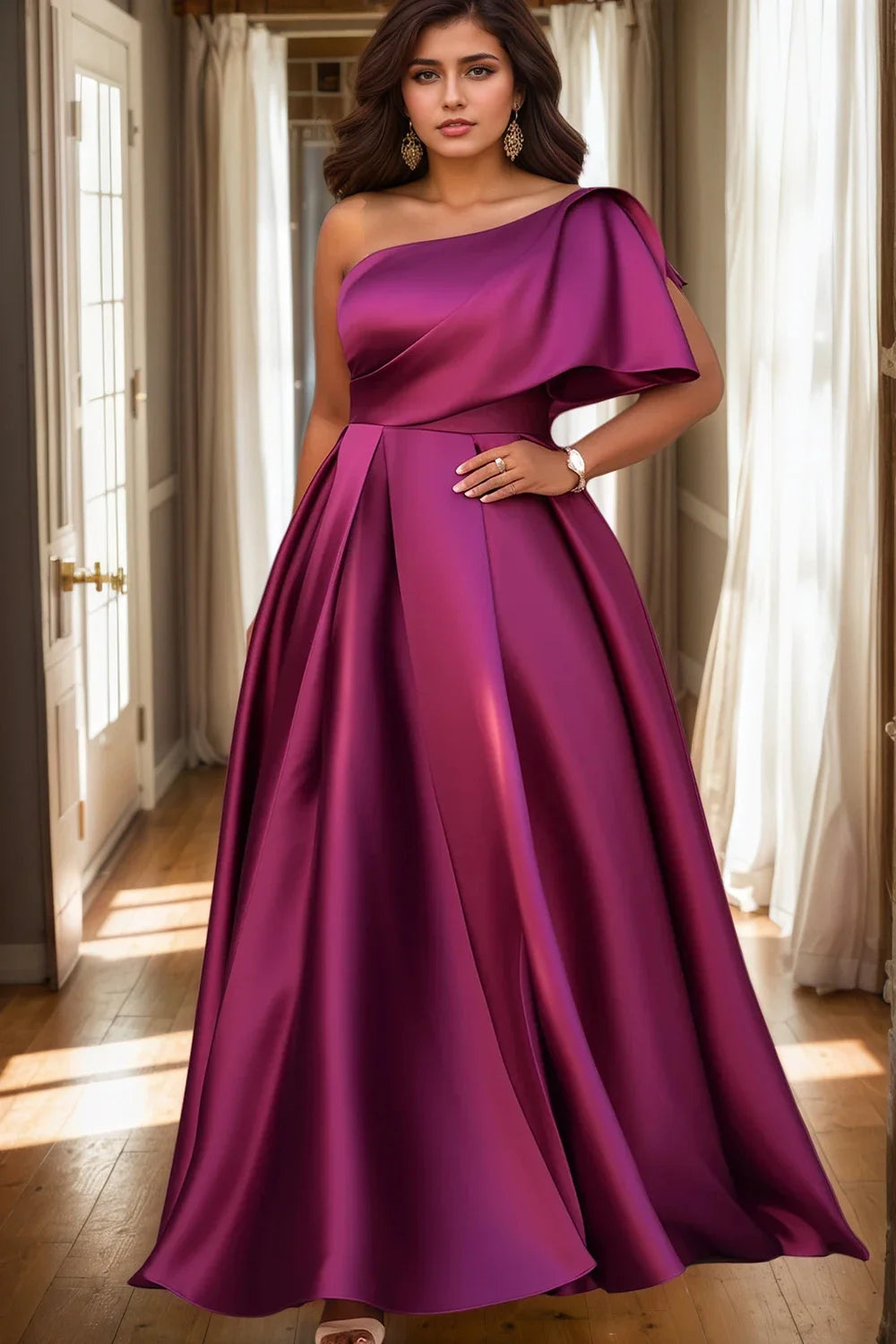 Women's Plus Size Evening Dress One Sleeve Pleated A-Line Elegant Wedding Guest Cocktail Maxi Dresses Off Shoulder Formal Dress Good Vibrations
