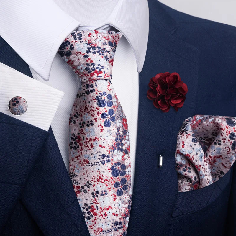Luxury Mens Ties Floral Black Gold Ties Paisley NeckTie Pocket Square Cufflinks Brooch Set Men's Wedding Party Tie Good Vibrations