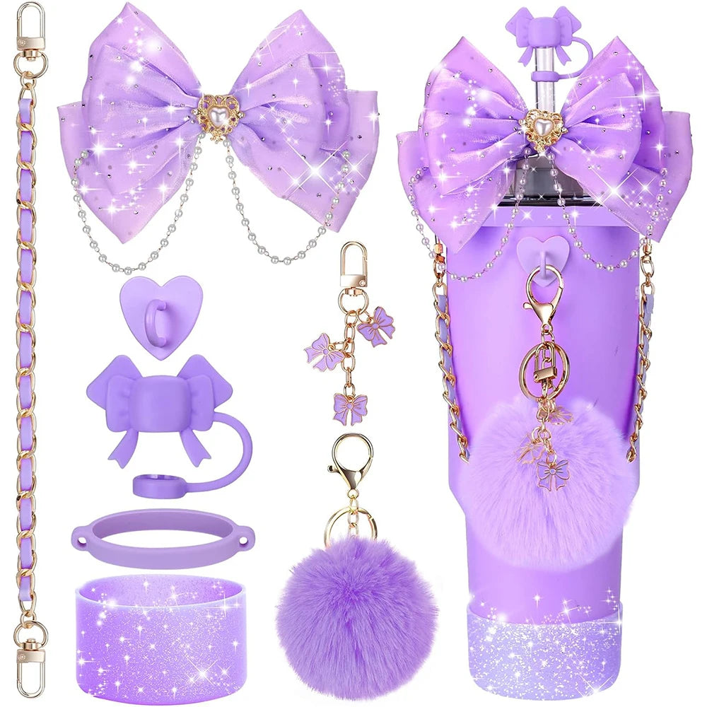 Bling Cup Accessories for Stanley Tumbler Cup 40oz Tumbler with Handle, Including Bow Straw Topper Cover, Straw Bow Decorate Good Vibrations Adult Super Store