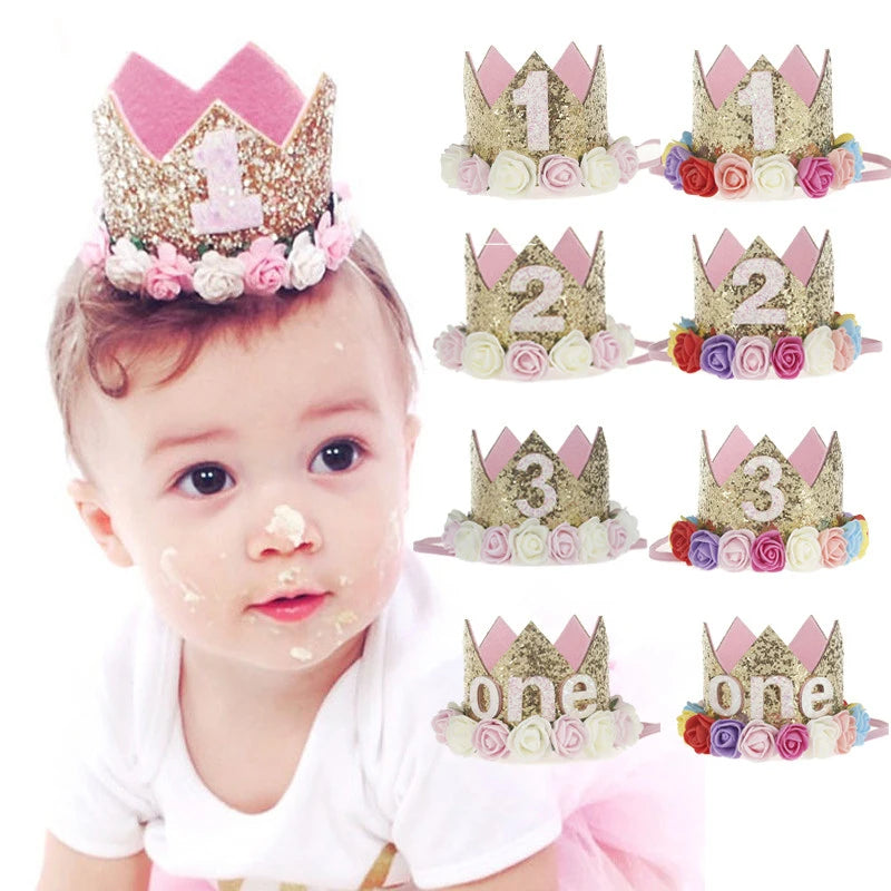 Baby Birthday Decoration Girl 1 2 3 Years Crown Hat Pink White Flower Sequins Crown 1st birthday Photo Prop Happy Birthday Gifts Good Vibrations