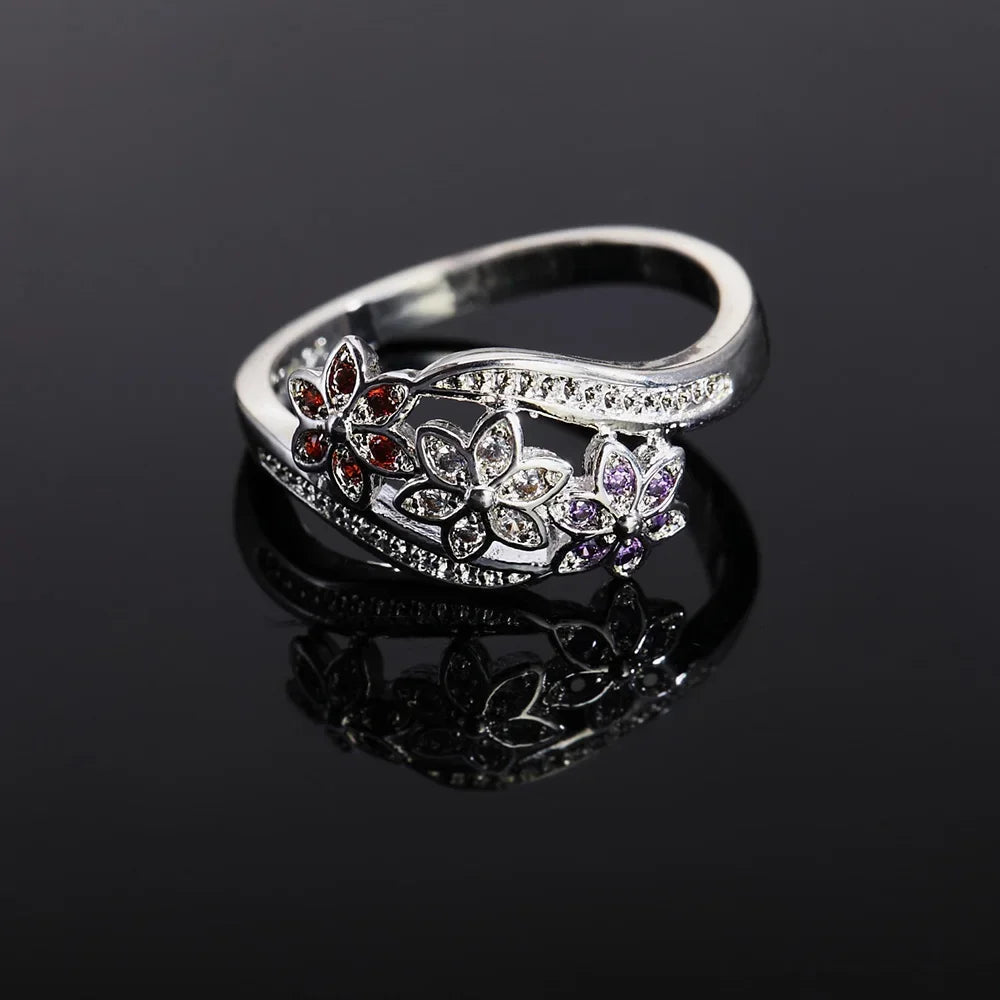 Charm 925 Sterling Silver Rings For Women color crystal flower size 6/7/8/9 Fashion Party Gifts Girl student wedding Jewelry Good Vibrations