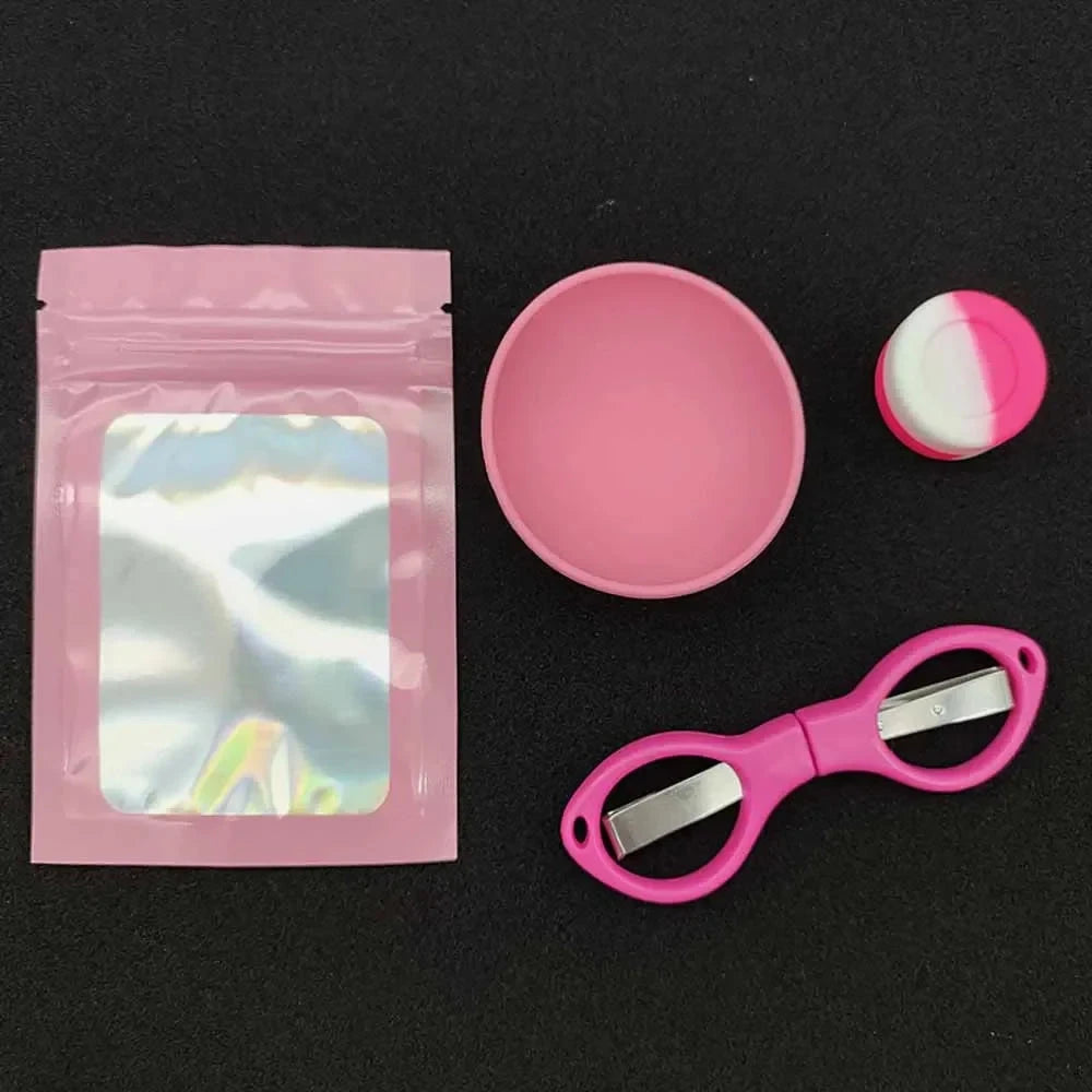 1Set Pink Smoking Kit With Silicone Bowl Folding Scissors Jar Ziplock Bag Women Gift Smoke Accessories Easy To Carry Good Vibrations Adult Super Store