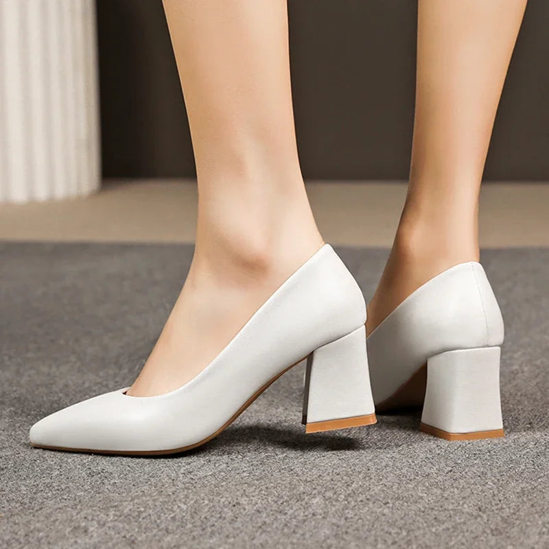 Women High Heel Pumps 2025 Thick Heels Women Shoes Solid Color Pointed Toe High Heel Office Shoes New Woman Shallow Casual Shoes Good Vibrations