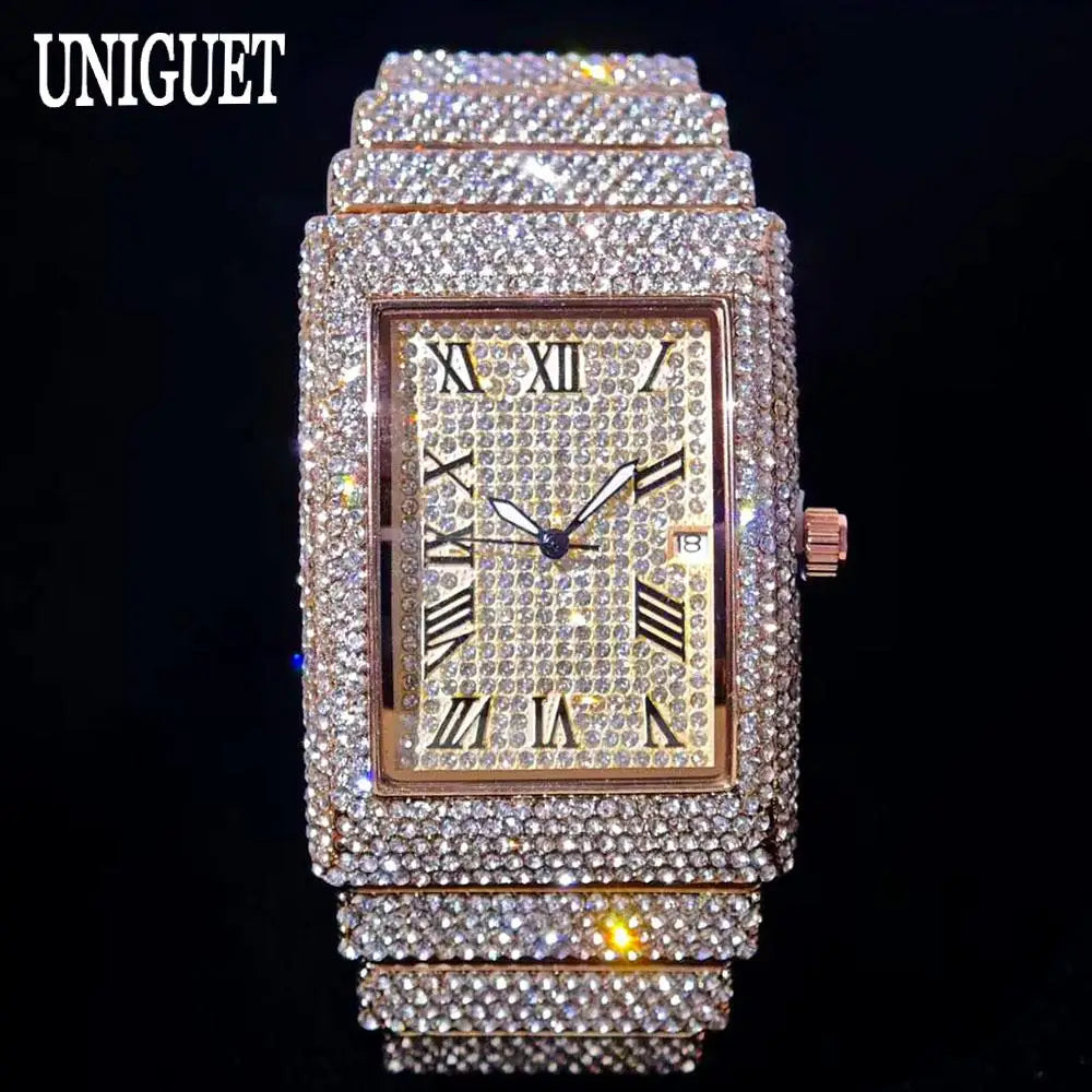 Fashion Rose Watch For Men Luxury Stainless Street Hip Hop Ice Diamond Rectangle Wristwatch Male With Calendar Rlógios Masculino Good Vibrations