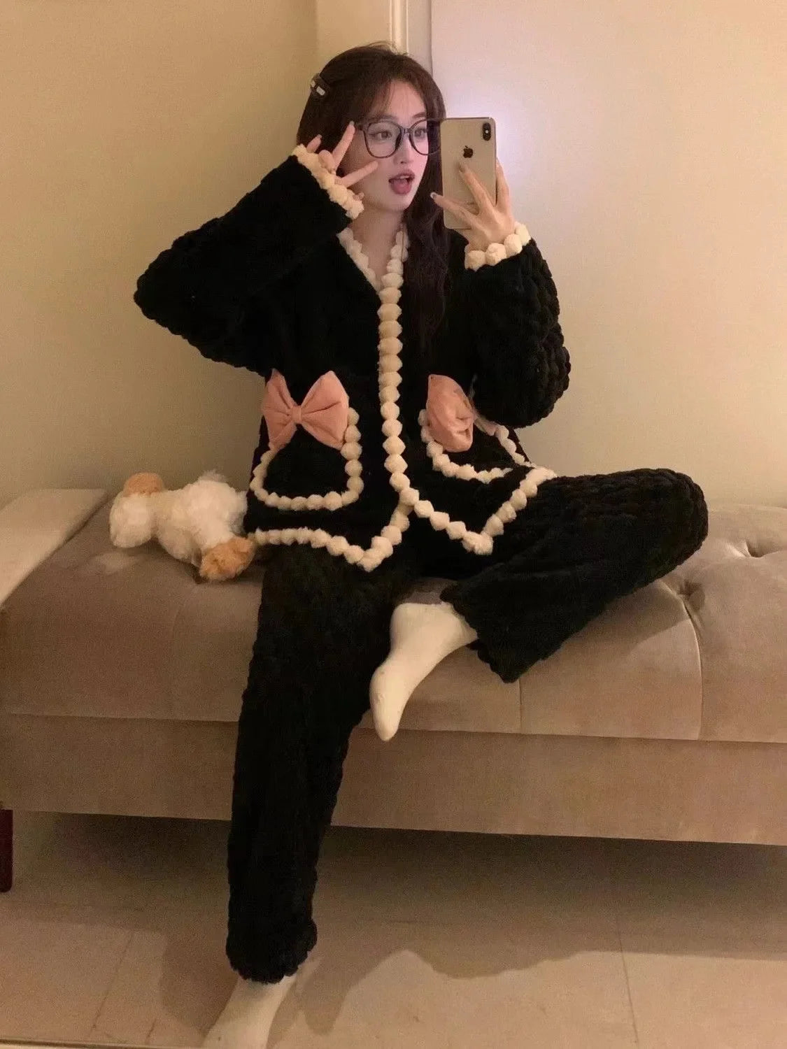 Autumn Winter Plush Sleepwear Women's Sweet Internet Famous INS Style Warm Long Sleeve Coral Fleece Home Clothes Set Good Vibrations