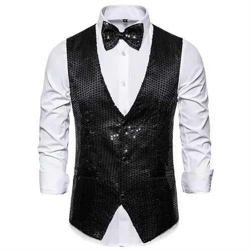 Gold Men's Sequin Vest Jacket, Single-breasted V-neck Sleeveless Vests Coat, Wedding Party Waistcoat Silver Blue Purple Red Tops