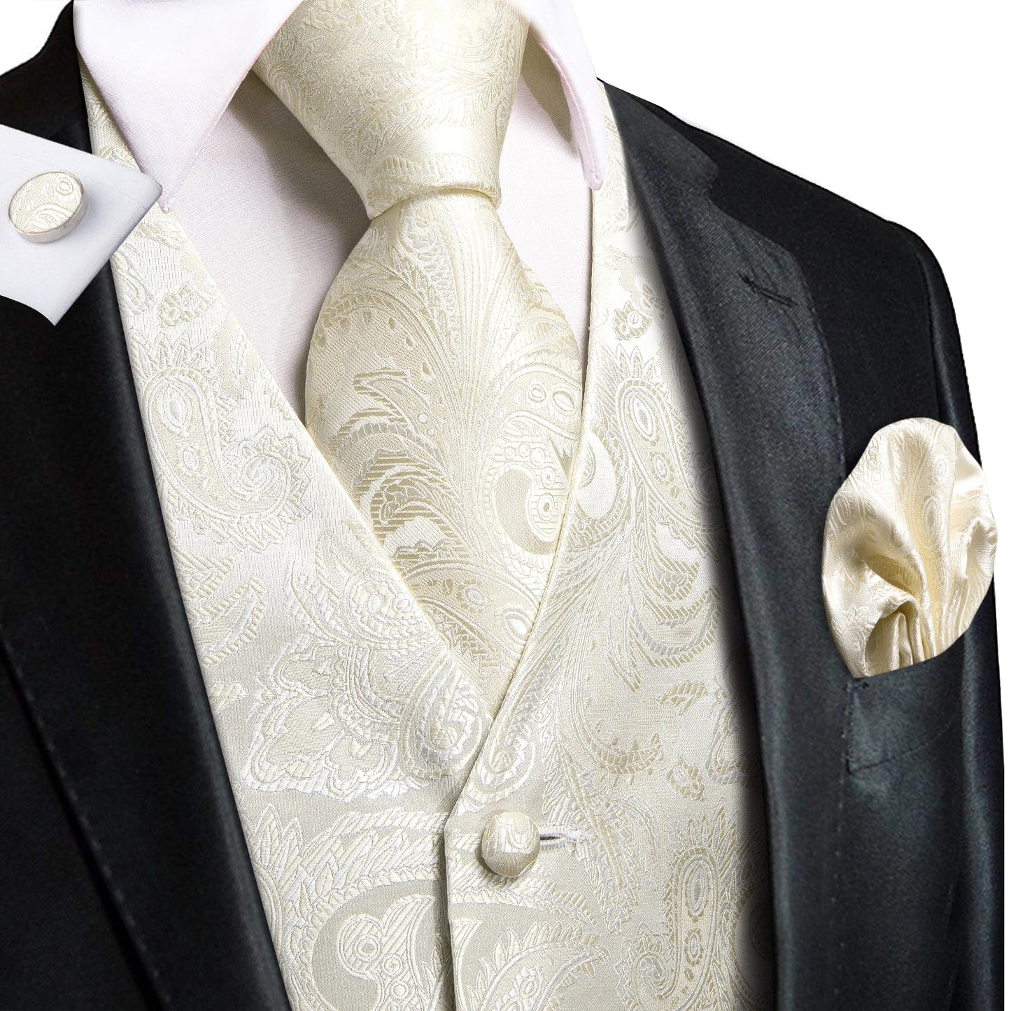 Hi-Tie Black Men Silk Vest Paisley Jacquard Necktie Hankerchief Cufflinks Sets Male Sleeveless V-Neck Waistcoat Business Formal Good Vibrations