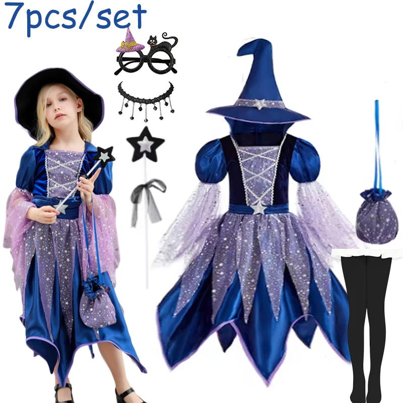 Halloween Party Costumes Witch Dress for Girls Kids Cosplay Carnival Witch Costume Pumpkin Dress Up With Bag Hat Wand Clothing Good Vibrations