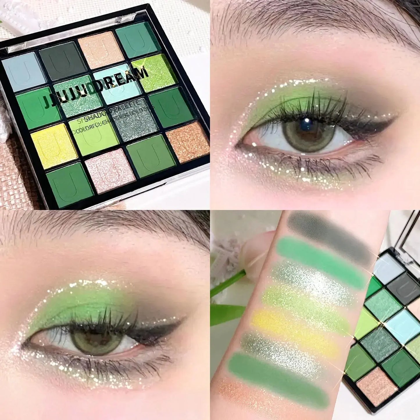 16 color eyeshadow palette: Koi, Mermaid, Enchanted Forest, Pearl, Matte and Glitter, Music Festival makeup Good Vibrations