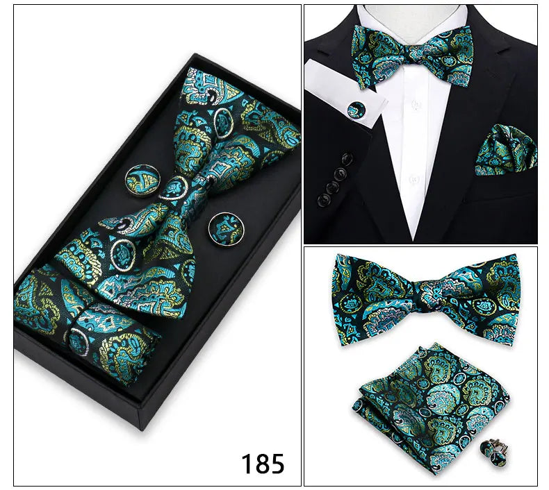 Bowtie For Men Set Gift Box Business Gift Fashion Bow Tie Pocket Square Cufflinks Set Bowtie 3pcs For Wedding Hanky Cravata Neck Good Vibrations