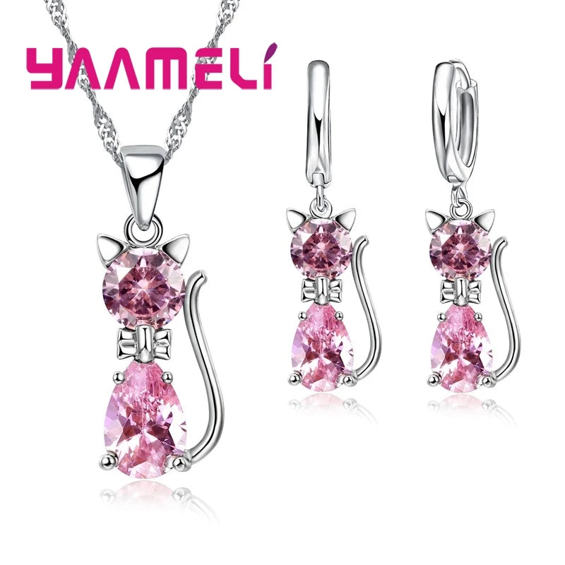 Real 925 Sterling Silver Color Jewelry Sets for Woman Girls Shining Austrian Crystal Cute Cat Pendant Necklace Huggie Earring Good Vibrations