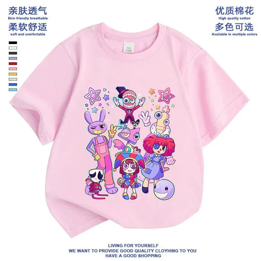 2026 Pure cotton boys and girls' short-sleeved T-shirt summer children's clothing cartoon magic digital circus children's top Good Vibrations
